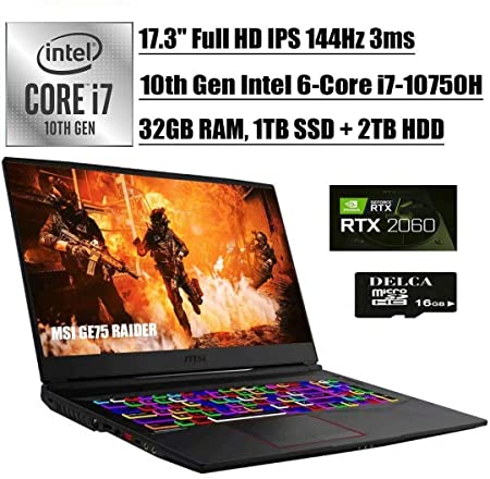 MSI GE75 Raider 2020 Premium Gaming Laptop I 17.3" FHD IPS 144Hz I 10th Gen Intel Hexa-Core i7-10750H I 32GB DDR4 1TB SSD   2TB HDD I 6GB RTX 2060 RGB Backlit KB Win 10   Delca 16GB Micro SD Card