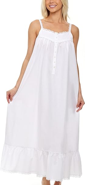 Alexander Del Rossa Women Cotton Victorian Nightgown, Cecilia Sleeveless Lace Trim Button Up Long Vintage Night Dress Gown