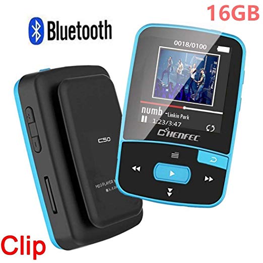 HONGYU C50 16GB Clip MP3 Player with Bluetooth 1.5 Inch Display Mini Portable Lossless Music Player with FM Radio/Voice Record for Running (Support up to 128GB- Blue)