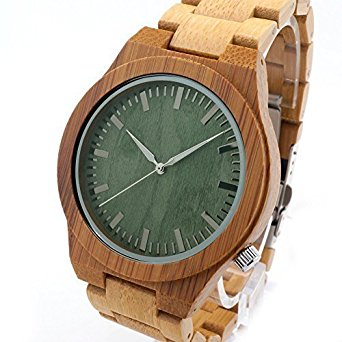 BOBO BIRD Men's Top Brand Design Green Wood Dial Watch with Full Bamboo Wooden Bands in Round Box