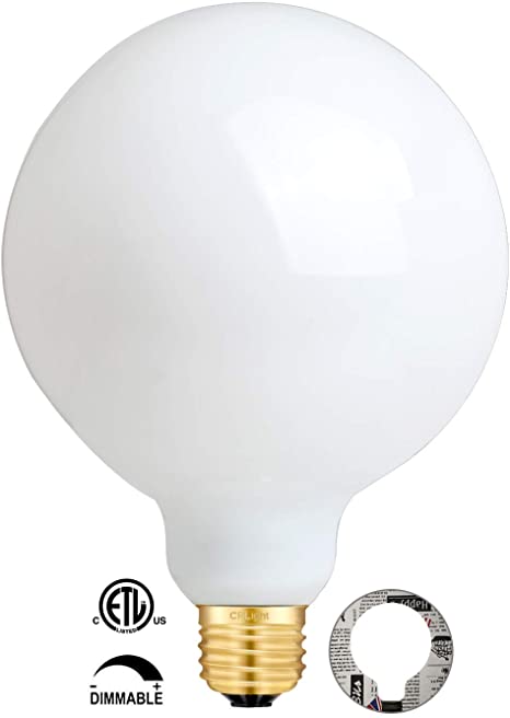 CRLight 12W Dimmable LED Large Globe Bulb 5000K Daylight White Glow, 80W Equivalent 800LM, E26 Base Antique Edison G125 Large Milky Pearl Glass LED Filament Light Bulbs, Smooth Dimming Version