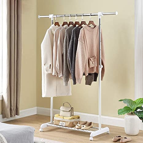 Leaflai Clothes Garment Rack Standard Rod with Wheels and Grid on The Base Heavy-Duty Clothing Rack Adjustable Rolling Extendable Hanging Rail Bottom Storage Shelf with mesh White Easy to Assemble