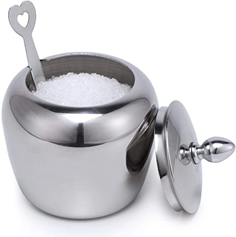 Small Stainless Steel Sugar Bowl with Lid and Spoon in Apple Shape for Kitchen 7.2oz/215ml