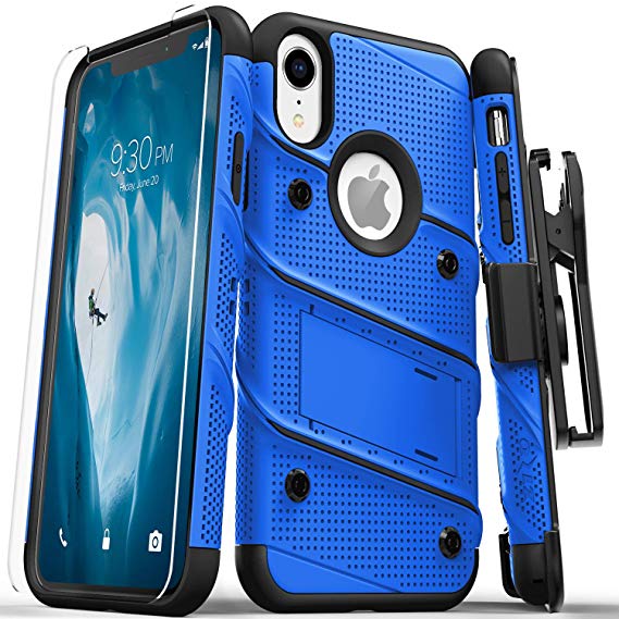 Zizo Bolt Series Compatible with iPhone XR Case Military Grade Drop Tested with Tempered Glass Screen Protector Holster and Kickstand Blue Black