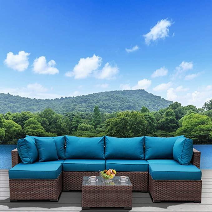 Outdoor Patio Brown Rattan 7 Piece Sectional Furniture Set PE Wicker Conversation Sofa with Peacock Blue Cushion