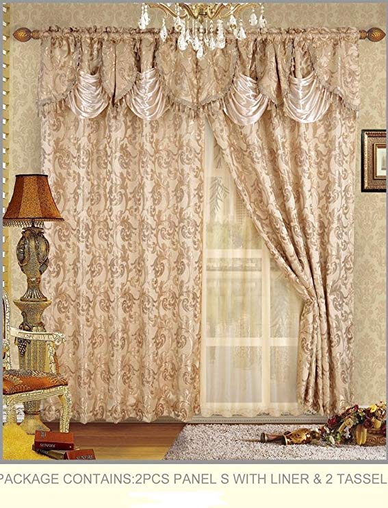 Fancy Collection Embroidered Curtain Set 4 Piece Gold Beige Drapes with Backing & Valance & Tie Backs # B-30
