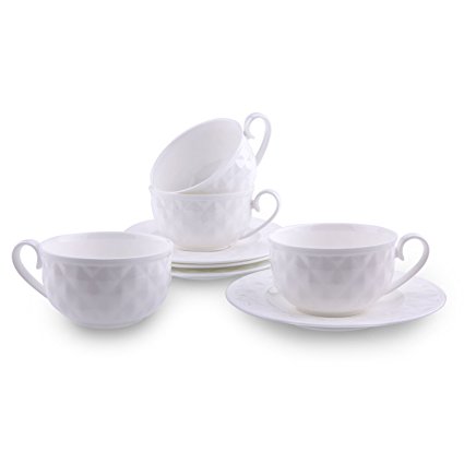 T4U 5 Ounce Damond Bone China Coffee Cups and Saucers with Handle for Coffee Latt Mocha Cappuccino Espresso Tea Cups and Saucer White sets of 4