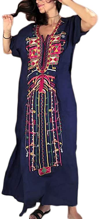 Bsubseach Women Embroidery Short Sleeve Bikini Swimsuit Cover Up Side Split Beach Kaftan Dress