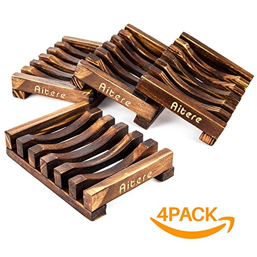 Aitere 4 Piece Soap Dishes for Bathroom/Shower Soap Holder for Kitchen Home Bath Accessories Hand Craft Natural Wood Soap Case Soap Dish Holder, Sponges, Scrubber