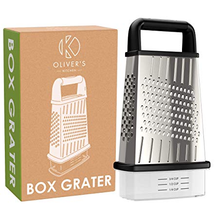 Oliver's Kitchen Cheese Grater - 4-Sided Multi-Purpose Non-Slip Stainless Steel Box Grater - Super Sharp Easy to Grate, Slice & Shred Vegetables & Cheeses - Handy Container for Storing Food