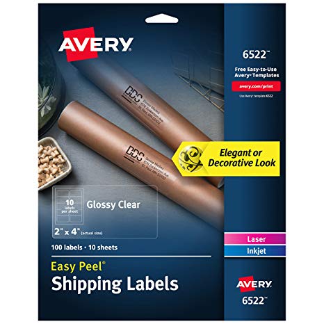 Avery Glossy Crystal Clear Address Labels for Laser & Inkjet Printers, 2" x 4", 100 Labels (6522)