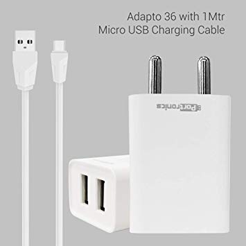 Portronics Adapto 36 2.1A Quick Charging Dual USB Port Wall Adapter and Micro-USB Charging Cable (White)