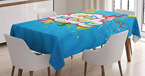 Ambesonne Birthday Tablecloth, Wavy Blue Colored Backdrop with Greeting Text Party Hats Best Wishes, Dining Room Kitchen Rectangular Table Cover, 60" X 84", Blue Green
