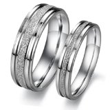 Geminis Fashion Jewelry Silver Frosted Surface Central and Grooves Stainless Steel Promise Couple Ring