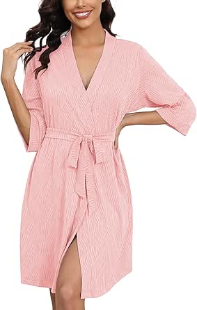 Ekouaer Robes for Women Ribbed Knit Bathrobe Soft Knee Length Kimono Robe 3/4 Sleeve Sleepwear with Pockets S-XXL