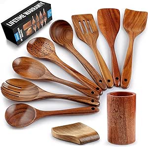 Zulay Kitchen 10-Piece Wooden Spoons for Cooking - Smooth Finish Teak Wooden Utensils for Cooking - Soft Comfort-Grip Wood Spoons for Cooking - Non-Stick Wooden Cooking Utensils - Wooden Spoon Sets