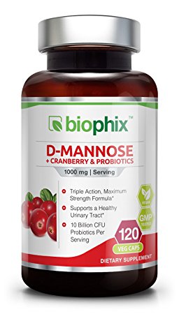 D-Mannose Plus Cranberry and Probiotics 1000 mg 120 Vcaps - Urinary Tract Health | Bladder Infection | Support UTI Prevention | Digestive Health