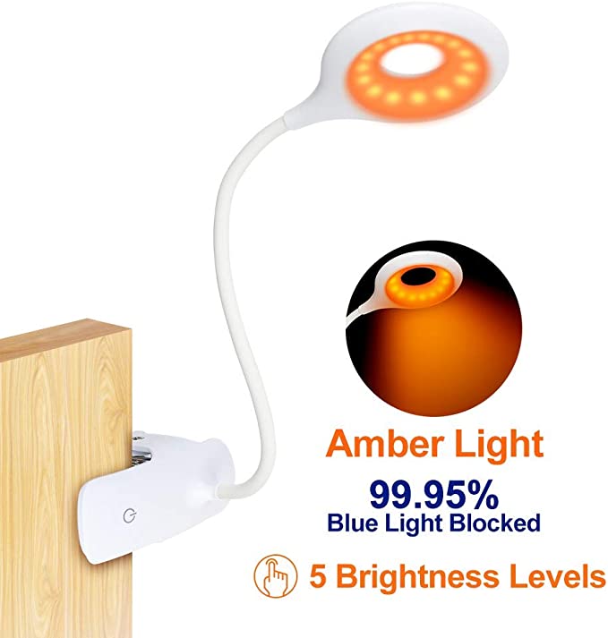 Clip On Reading Light for Bed Headboard, Rechargeable 16 LED Amber Book Light, 5 Brightness Desk Light Clamp Lamp, Touch Control Dimmable Reading Lamp with Flexible Neck, Gentle Night Light for Kids