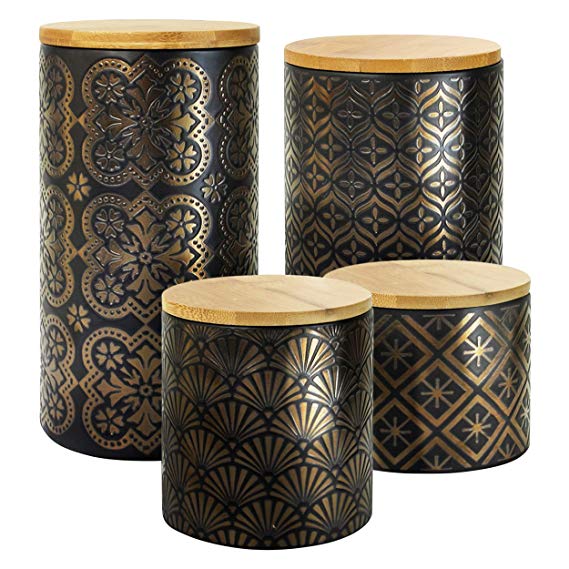 American Atelier Metallic Canister Set 4-Piece Ceramic Jars Chic Design with Lids for Cookies, Candy, Coffee, Flour, Sugar, Rice, Pasta, Cereal & More Gold and Black