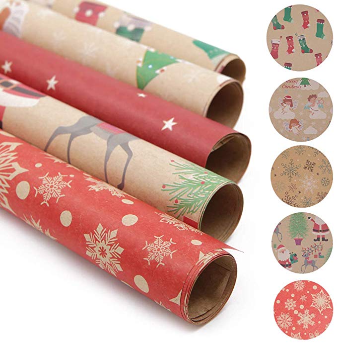 20 Sheets Gift Wrapping Paper, Santa Wrapping Paper, Christmas Kraft Wrapping Paper,Xmas Wrapping Paper - Santa, Angel, Christmas Stocking, Snowflake (70 x 50 cm, Random Pattern)