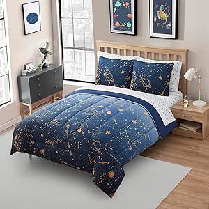 Kids Bedding Set Bed in a Bag for Boys and Girls Toddlers Printed Sheet Set and Comforter, Full, Galaxy