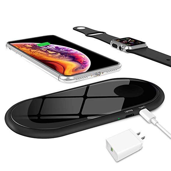 ZealSound Qi-Certified Dual Fast Wireless Charger,10W/7.5W/5W 3 Mode Quick Charging Pad Mat Station Dock Tempered Glass Ultra Slim with QC 3.0 Chargers Adapter for Qi Enabled Phones and Watch (Black)