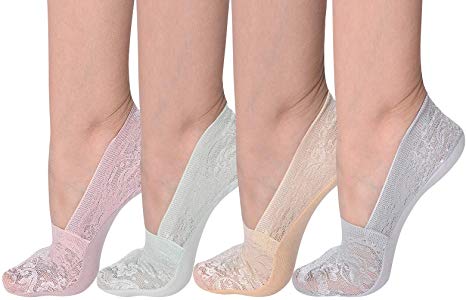 Zeltauto Women's Invisible Shoe Liner Anti Slip No Show Low Cut Lace Socks Casual Footies 4 Pairs