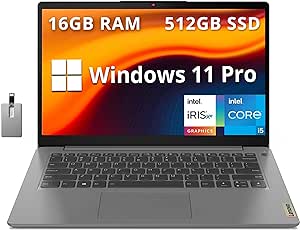 LENOVO IdeaPad 3i 14" Full HD Laptop, Intel i5-1155G7 Processor, 16GB RAM, 512GB PCIe SSD, Intel Iris Xe Graphics, 720P HD Webcam, WiFi 6, Bluetooth, Windows 11 Pro, Gray, 32GB Hotface USB Card