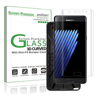 Galaxy Note 7 Screen Protector Glass Curved Screen with Slim Bumper Case, amFilm Glass Screen Protector and compatible case for Samsung Galaxy Note 7 2016 (1-Pack)(Clear)