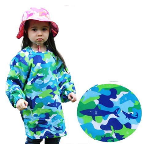 Long Sleeve Art Smock, Good Coverage, Breathable, Adjustable in Size (Grade K-3: 5-7years, Blue Shark)