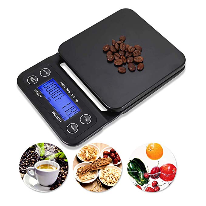 Aevobas Digital Kitchen Scales with Tare Timer Function 0.1g 3kg Mini Electronic Food Coffee Weighing Scales Grams with Bowl Precision Kitchen Cooking Scale Back-Lit LCD Display
