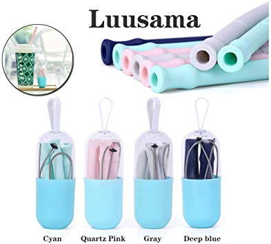 Luusama Silicone Straws - 4 Pack Collapsible Reusable Silicone Drinking Straws with Cases Set and Cleaning Brushes BPA Free, Portable Straws for Kid, Travel, Home and Office