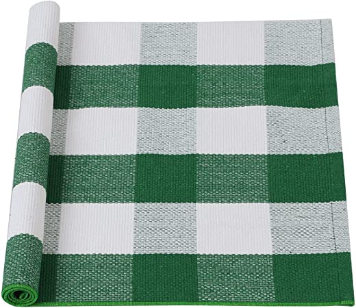 uxcell Cotton Plaid Area Floor Rugs Carpet Indoor Outdoor, Woven Washable Buffalo Checkered Mat Rugs, Retro Doormat Runner Rug for Front Porch Green and White 35.4x23.6 Inch