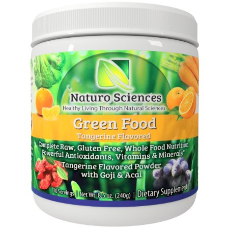Natural Greens Food By Naturo Sciences - Complete Raw Whole Green Food Nutrition with Super Powerful Antioxidants, Vitamins, Minerals with Goji and Acai - Tangerine Flavor 8.5oz (240g) 30 Servings