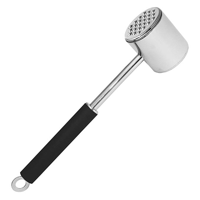 K BASIX Meat Tenderizer Mallet / Hammer / Pounder - Stainless Steel - Dual-Sided Tool for Tenderizing, Flattening & Pounding Venison, Pork, Veal, Lamb, Chicken, Steak & Turkey - Dishwasher Safe (Renewed)