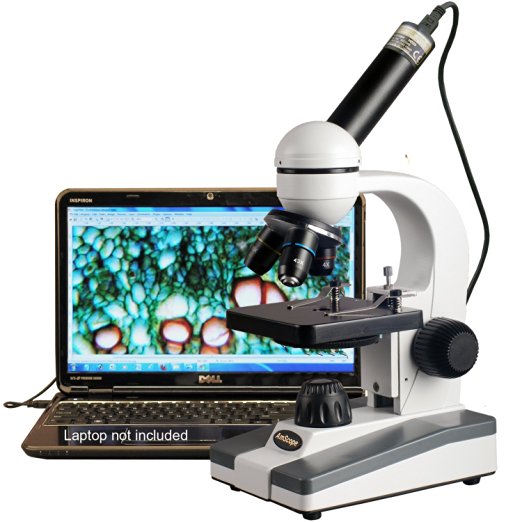 AmScope M148C-E Compound Monocular Microscope, WF10x and WF25x Eyepieces, 40x-1000x Magnification, LED Illumination, Brightfield, Single-Lens Condenser, Plain Stage, 110V or Battery-Powered, Includes 0.3MP Camera and Software