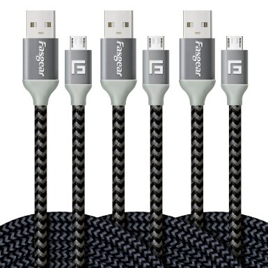 Fasgear 3 pcs (10ft/3M) Micro USB To USB Nylon Braided Tangle-Free Fastest Charge Data Cables With Metal Connector For Android, Samsung Galaxy S7/S7 edge, HTC And More (Black)