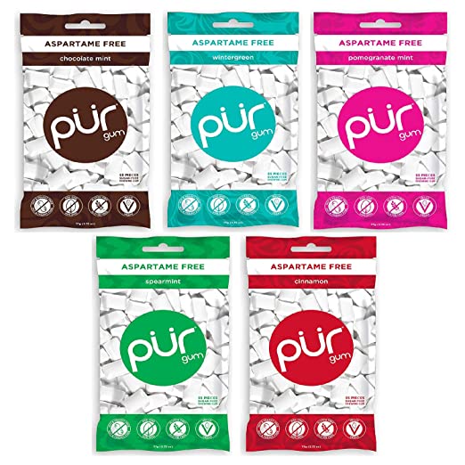 PUR GUM 100% Xylitol Chewing Gum, Chocolate Mint, Wintergreen, Pomegranate Mint, Spearmint, Cinnamon, + Sugar-Free + Aspartame Free, Vegan + non GMO - Variety Pack of 5