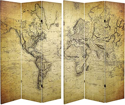 Red Lantern 6 ft. Tall Double Sided Vintage World Map Canvas Room Divider, Beige
