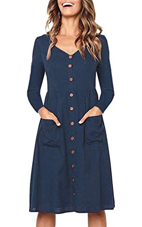 Angashion Women's Dresses-Short Sleeve V Neck Button T Shirt Midi Skater Dress Pockets