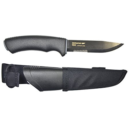 Morakniv Bushcraft Black Serrated Knife with 0.125/4.3-Inch Serrated Sandvik Stainless Steel Blade and MOLLE-Compatible Sheath