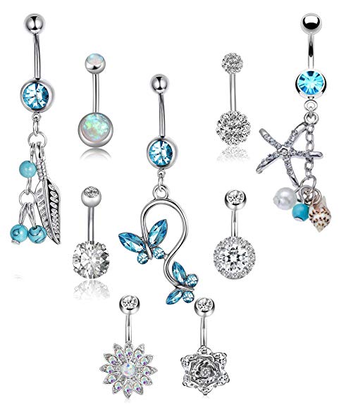 LOLIAS 8-21 Pcs 14G Belly Button Rings for Women Girls Navel Barbell Rings Body Piercing Jewelry