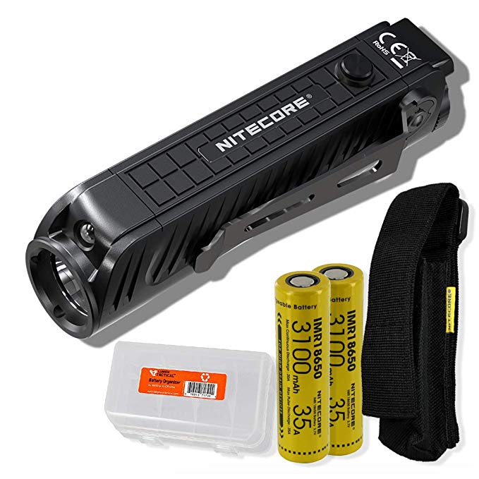 Nitecore P18 1800 Lumen Compact Flashlight with Silent Tactical Switch and Auxiliary Red LED with 2X Rechargeable Batteries and LumenTac Battery Organizer