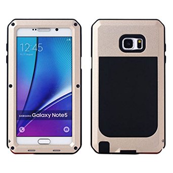 Galaxy Note 5 Case,Tomplus [Newest] Gorilla Glass Luxury Aluminum Alloy Protective Metal Water Resistant Shockproof Military Bumper Heavy Duty Cover Shell Case for Samsung Galaxy Note 5 (Gold)