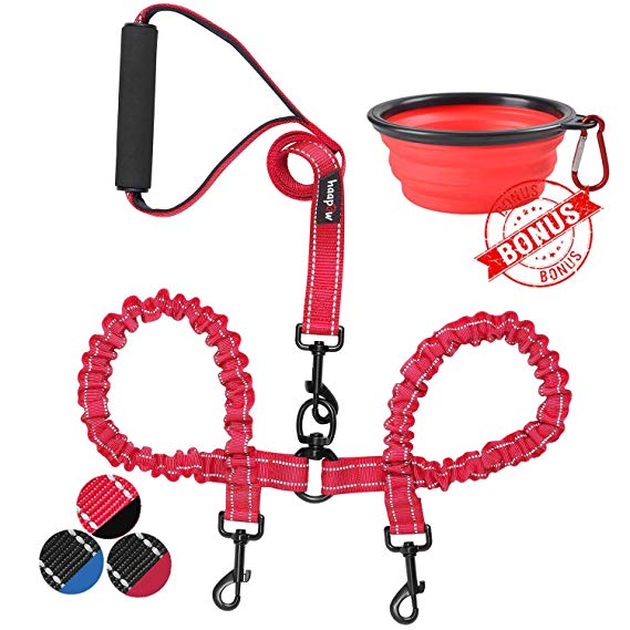 haapaw Two Dog Leash Coupler - 2 Dog Leash Tangle Free, Stretchable from 20 to 35 Inch – Comfortable Handle Dual Dog Leash for 2 Dogs with a Free Collapsible Dog Bowl