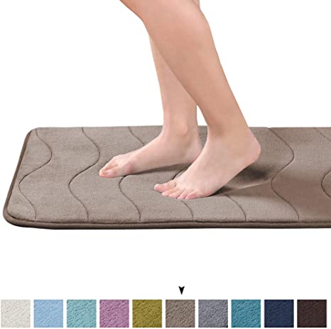 Premium Super Soft Microfiber Water Absorbent Bath Mat with Real Memory Foam, Non Slip Bath Rug for Bathroom Thick Cozy Floor Rug Carpet Machine Washable Set for Entry/Kitchen, Taupe Waved Pattern, 20" x 32", 1 Pack