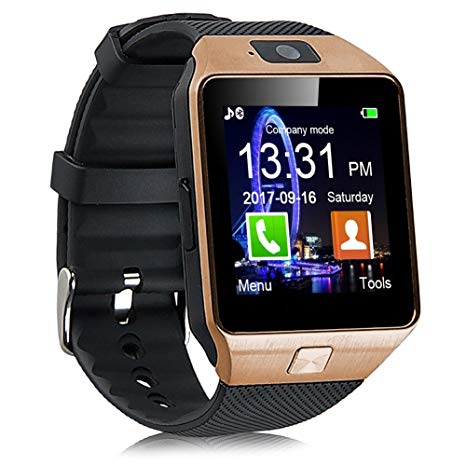 Padgene Bluetooth DZ09 Smartwatch Touch Screen with Pedometer Anti-lost Camera Support Android Apple system (Gold(with black band))