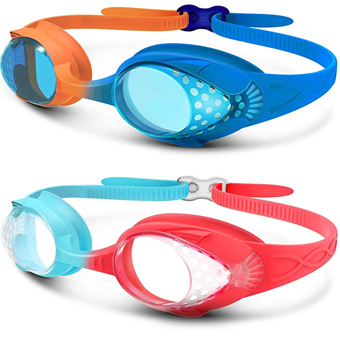 OutdoorMaster Kids Swimming Goggles - Fun Fish Style Children (Age 4-12) Leakproof Design, Shatterproof Anti-Fog Lens & Quick Adjustment Clasp - 100% UV Protection