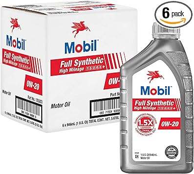 Mobil Full Synthetic High Mileage Motor Oil 0W-20, 1 Quart (6-pack)