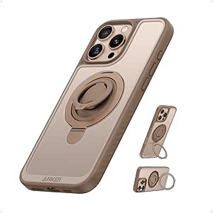 Anker Magnetic Ring Stand for iPhone 16 Pro Case, Silicone Finger Ring Grip Stand Holder, Military Grade Drop Tested, Compatible with MagSafe, Built in Kickstand, Soft Edge Anti-Fingerprint, Rose Gold